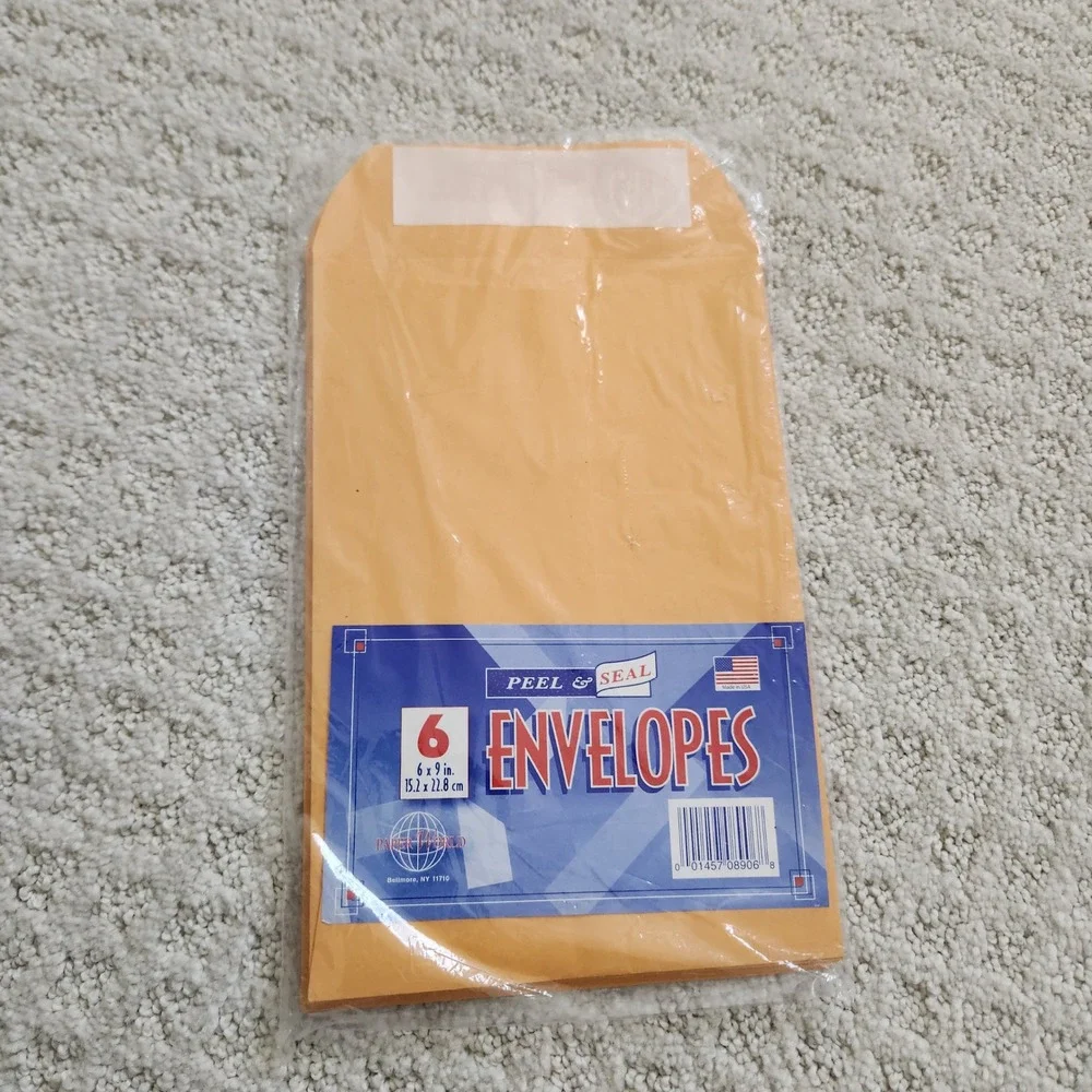 Paper World 6 Count Peel and Seal Envelopes 6x9‎ Manila Kraft Paper USA Made